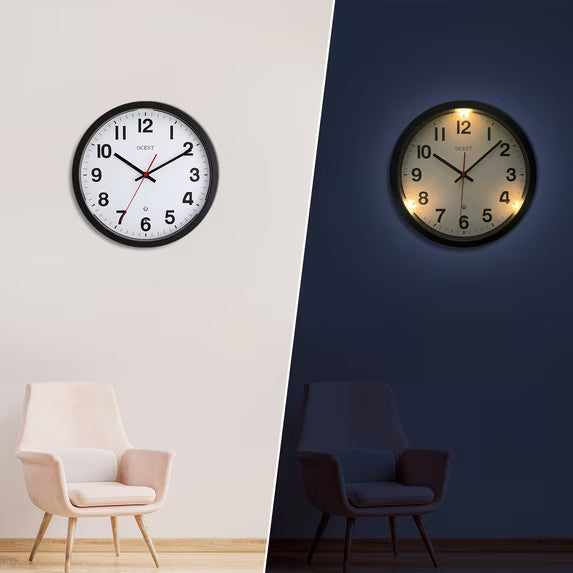 OCEST Smart Light-Sensor Silent Wall Clock with Built-in Night Light and Frosted Frame