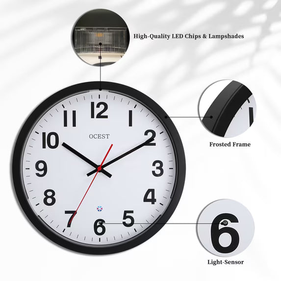 OCEST Smart Light-Sensor Silent Wall Clock with Built-in Night Light and Frosted Frame