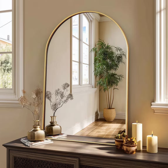 Modern Arched Wall Mirror with Aluminum Alloy Frame for Bathroom, Bedroom, and Vanity