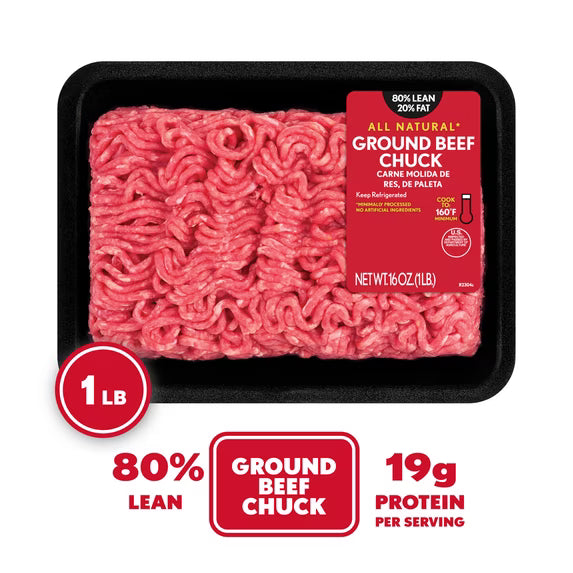 All Natural 80% Lean / 20% Fat Ground Beef Chuck (1 lb / 16 oz)