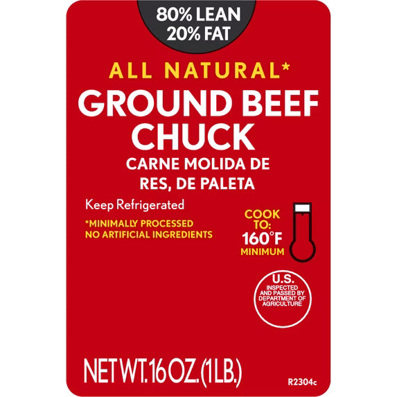 All Natural 80% Lean / 20% Fat Ground Beef Chuck (1 lb / 16 oz)