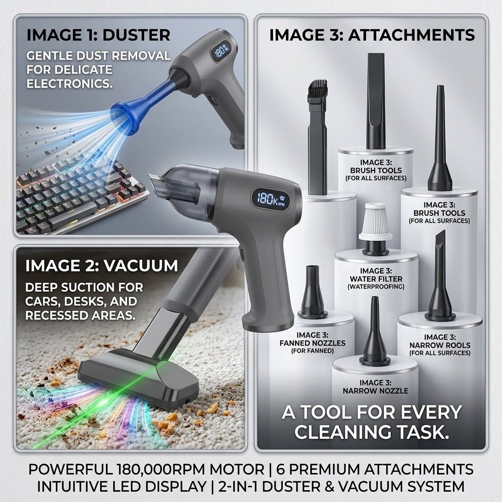 180,000 RPM Electric Air Duster & Handheld Vacuum Cleaner - 2-in-1 Cordless Blower with LED Display & Attachments for PC, Keyboard, Car & Home