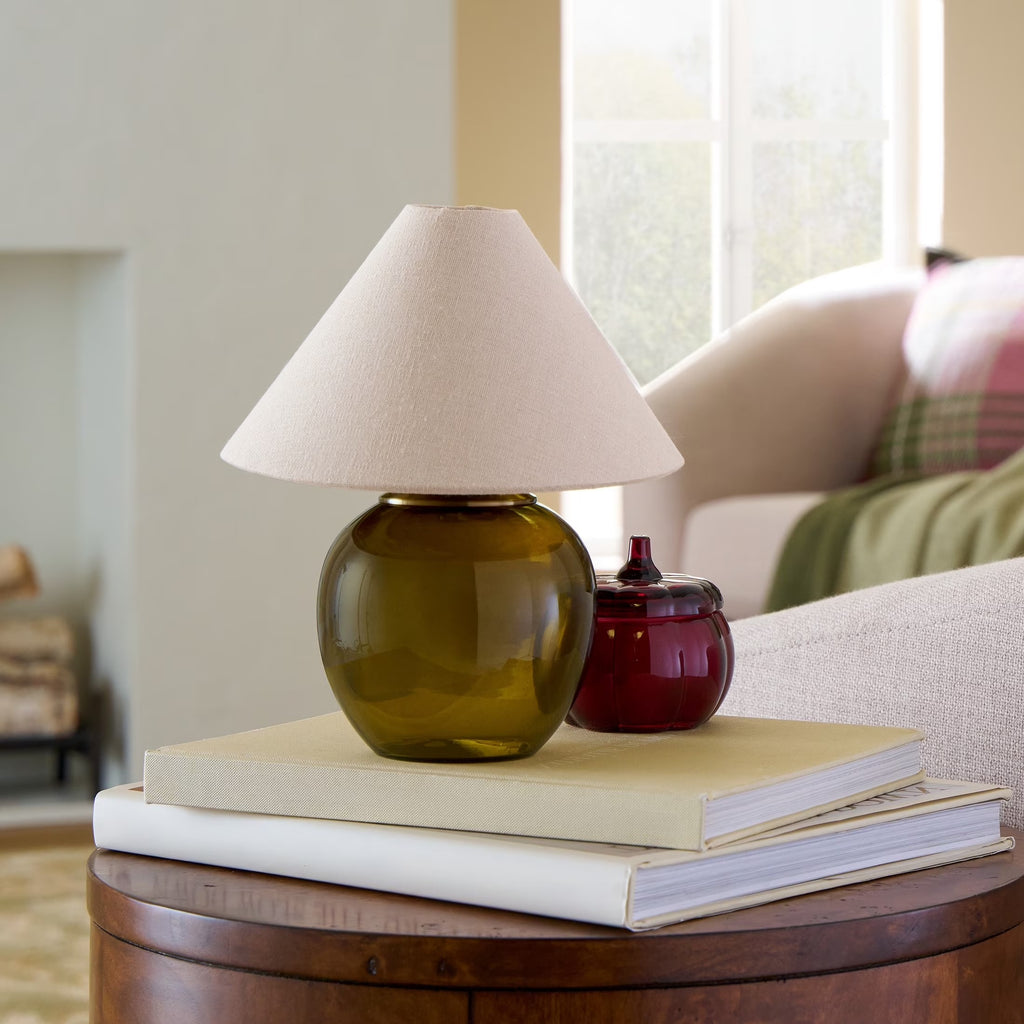 Modern Rechargeable Olive Green Glass Mini Table Lamp with Fabric Shade