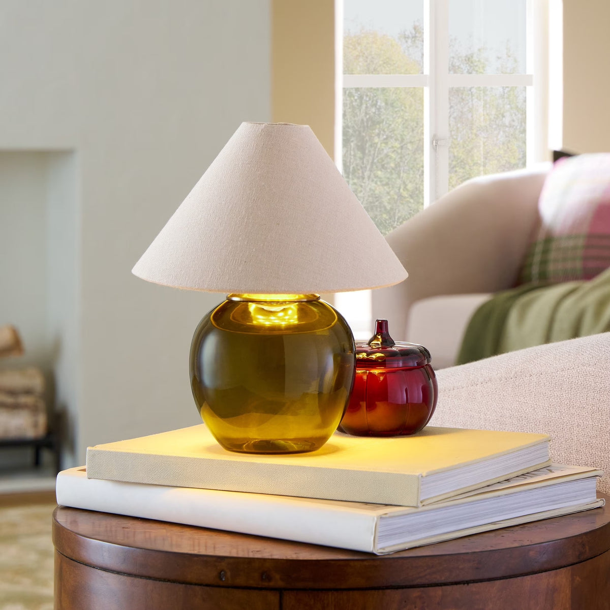 Modern Rechargeable Olive Green Glass Mini Table Lamp with Fabric Shade