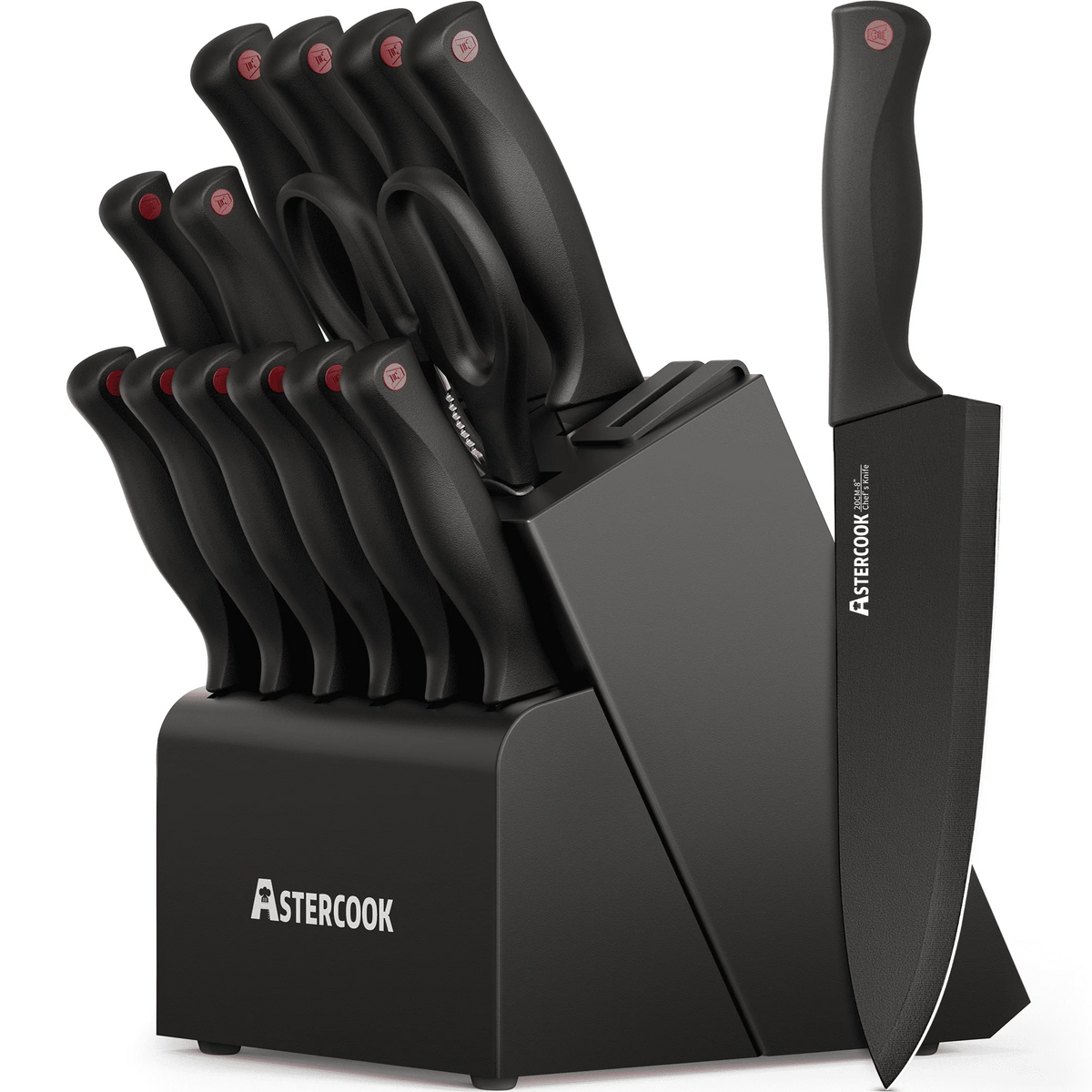 ASTERCOOK 15-Piece Kitchen Knife Set with Built-in Sharpener Block