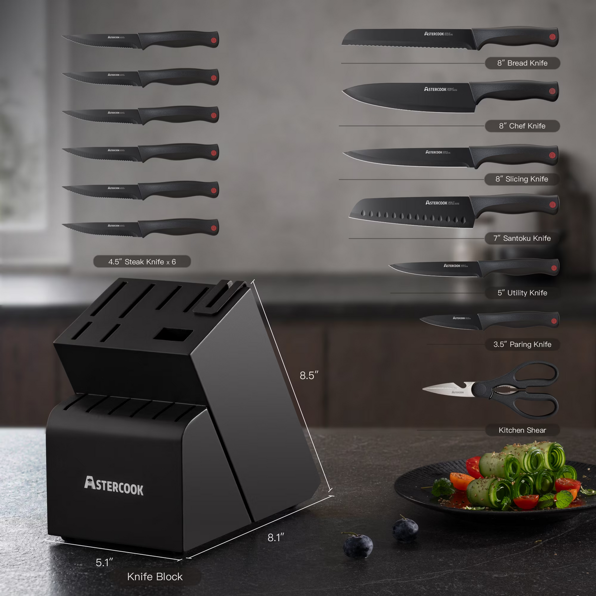 ASTERCOOK 15-Piece Kitchen Knife Set with Built-in Sharpener Block