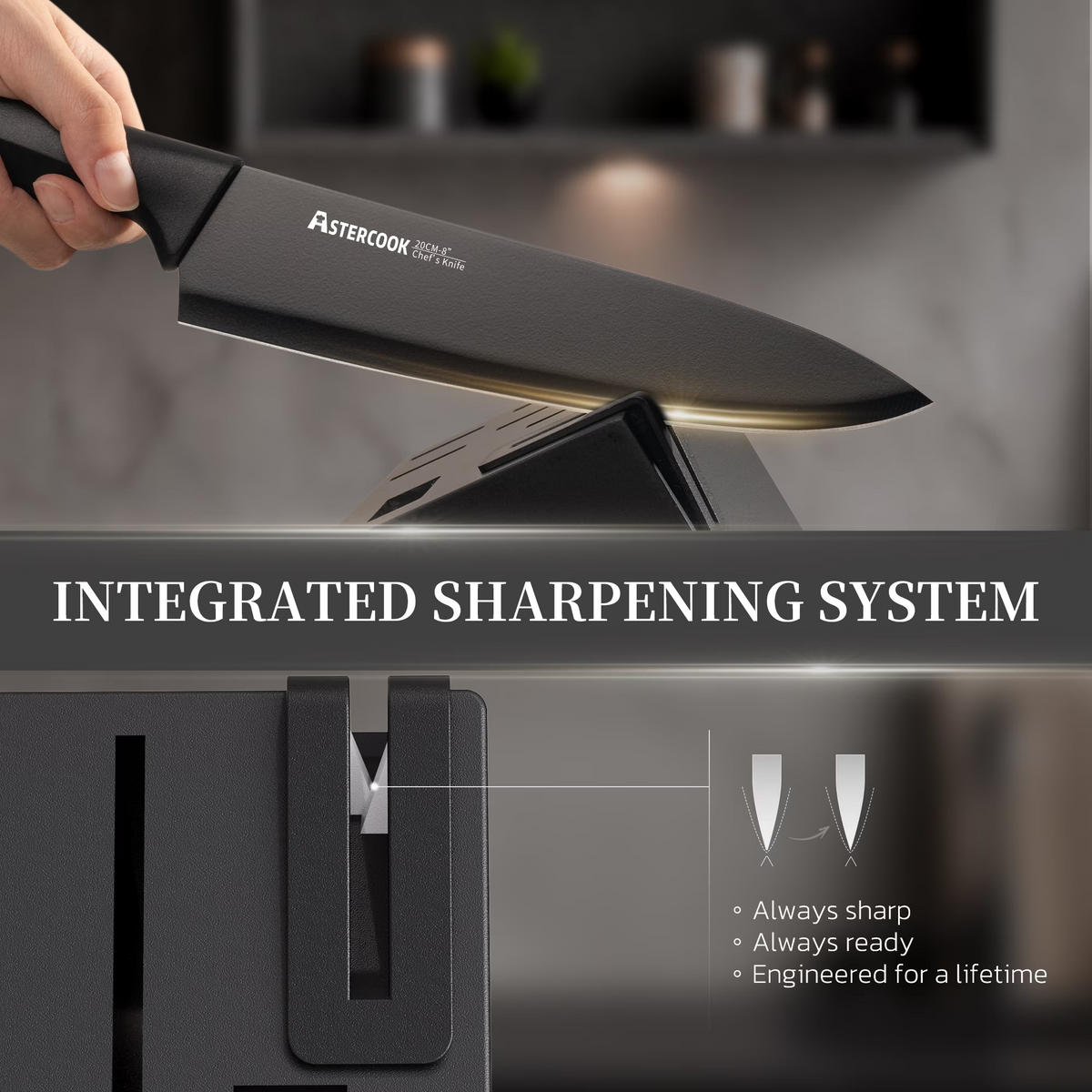 ASTERCOOK 15-Piece Kitchen Knife Set with Built-in Sharpener Block