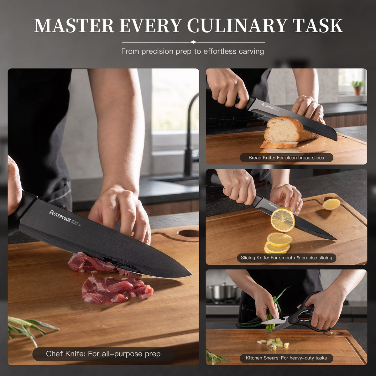 ASTERCOOK 15-Piece Kitchen Knife Set with Built-in Sharpener Block