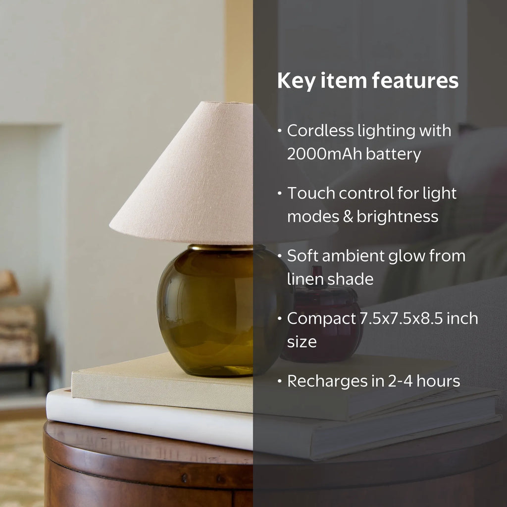Modern Rechargeable Olive Green Glass Mini Table Lamp with Fabric Shade