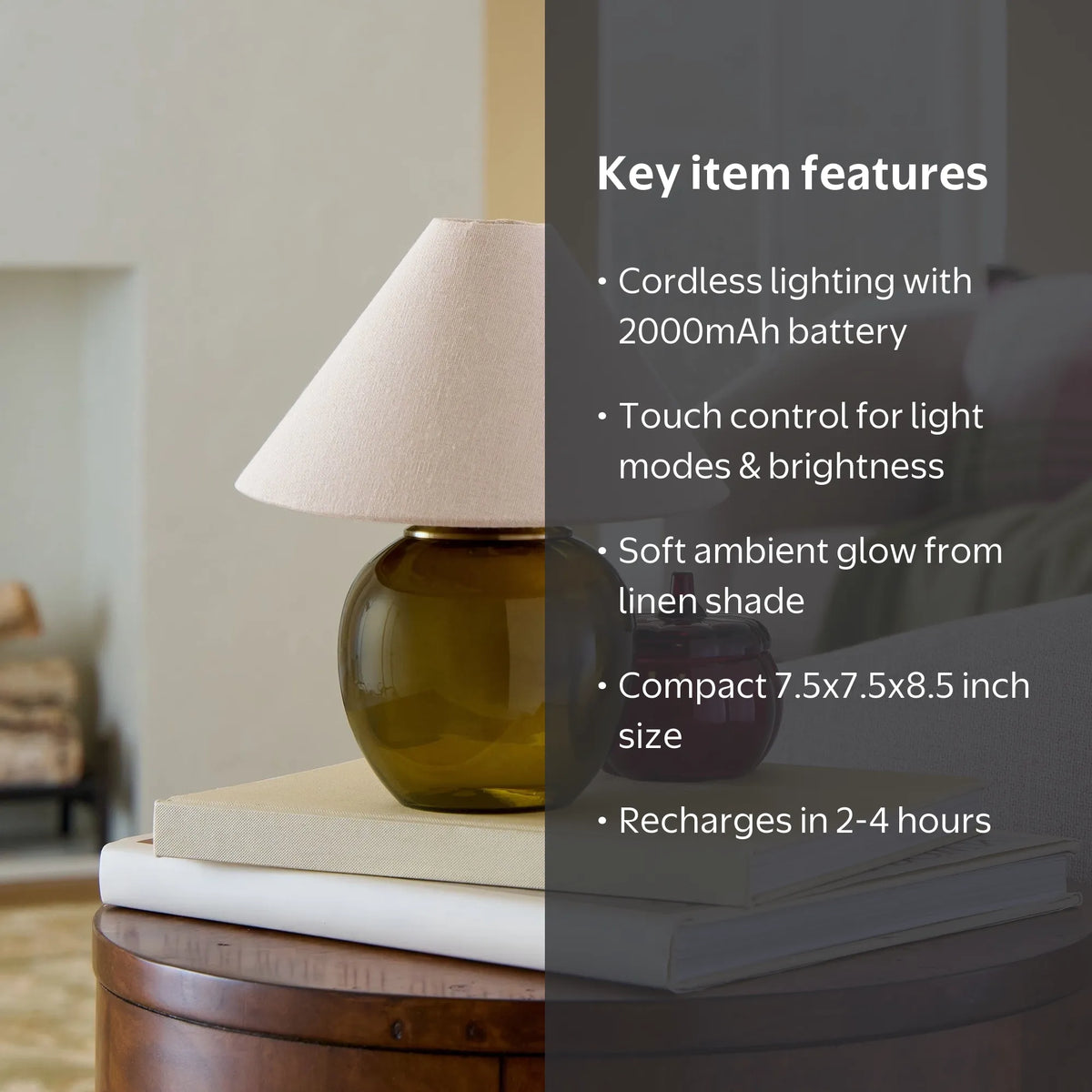 Modern Rechargeable Olive Green Glass Mini Table Lamp with Fabric Shade