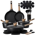 CAROTE 18-Piece Nonstick Cookware Set – Pots & Pans with Lids, Wood-Grain Handles, Kitchen Utensils & Pan Protectors, Black
