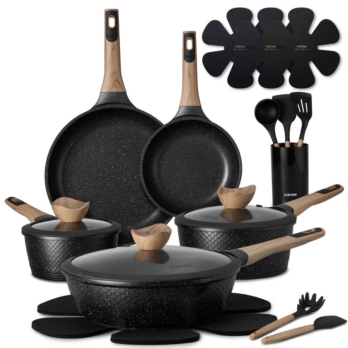 CAROTE 18-Piece Nonstick Cookware Set – Pots & Pans with Lids, Wood-Grain Handles, Kitchen Utensils & Pan Protectors, Black