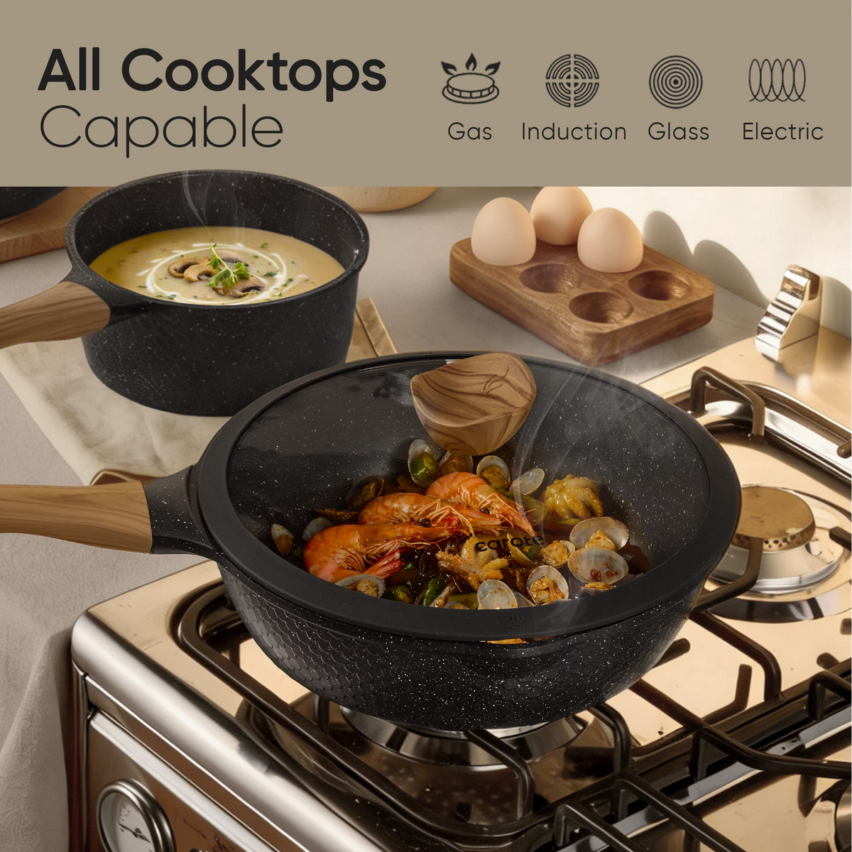 CAROTE 18-Piece Nonstick Cookware Set – Pots & Pans with Lids, Wood-Grain Handles, Kitchen Utensils & Pan Protectors, Black