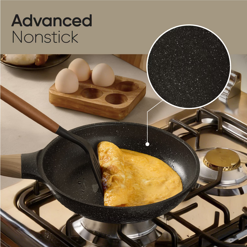 CAROTE 18-Piece Nonstick Cookware Set – Pots & Pans with Lids, Wood-Grain Handles, Kitchen Utensils & Pan Protectors, Black