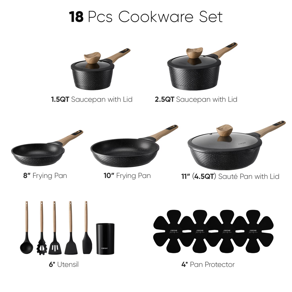 CAROTE 18-Piece Nonstick Cookware Set – Pots & Pans with Lids, Wood-Grain Handles, Kitchen Utensils & Pan Protectors, Black