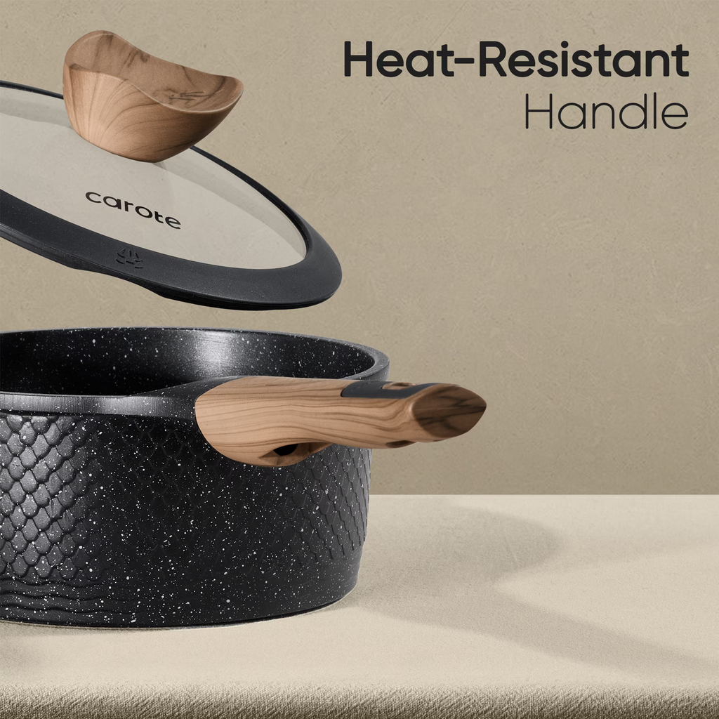 CAROTE 18-Piece Nonstick Cookware Set – Pots & Pans with Lids, Wood-Grain Handles, Kitchen Utensils & Pan Protectors, Black