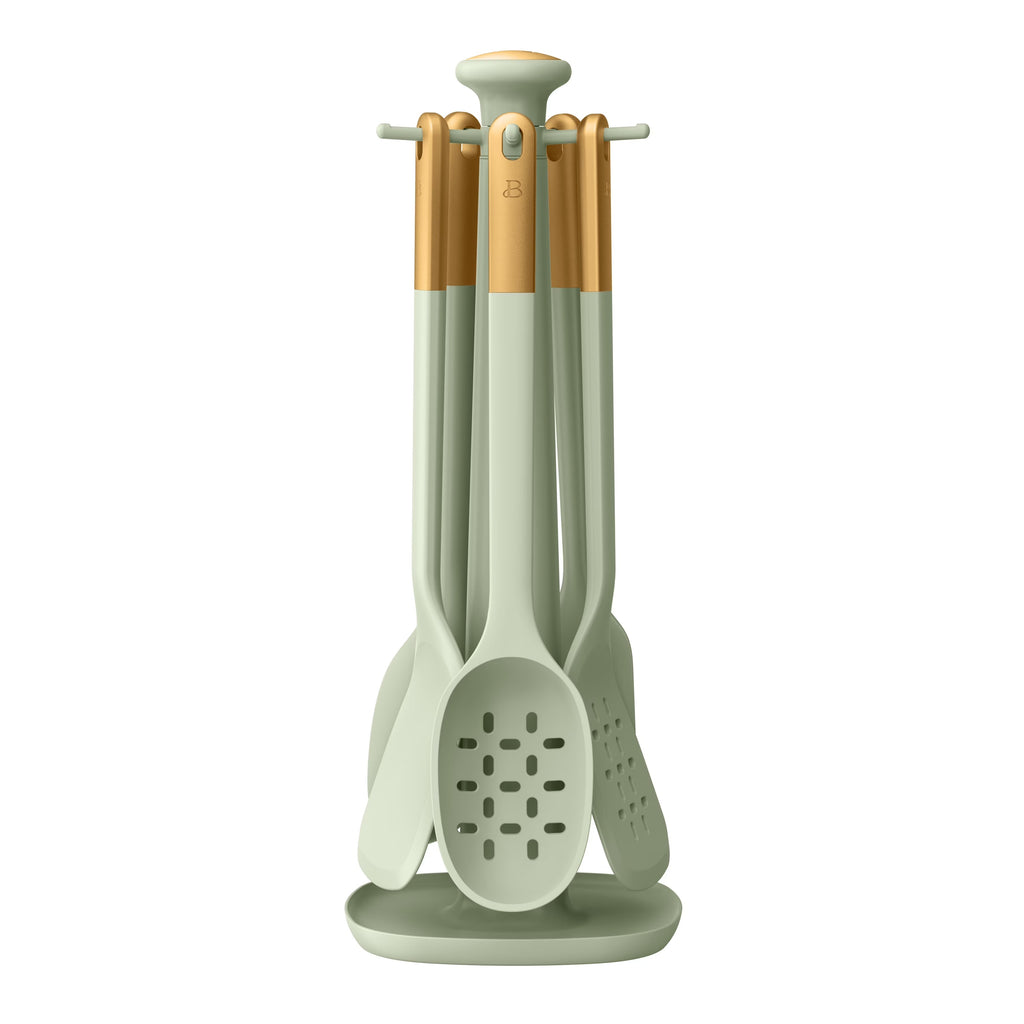 Beautiful 6-Piece Silicone Kitchen Utensil Set with Rotating Stand – Sage Green & Gold