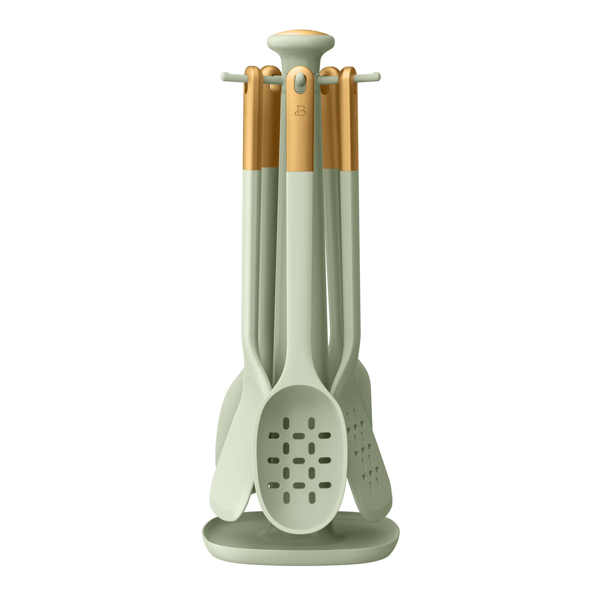 Beautiful 6-Piece Silicone Kitchen Utensil Set with Rotating Stand – Sage Green & Gold