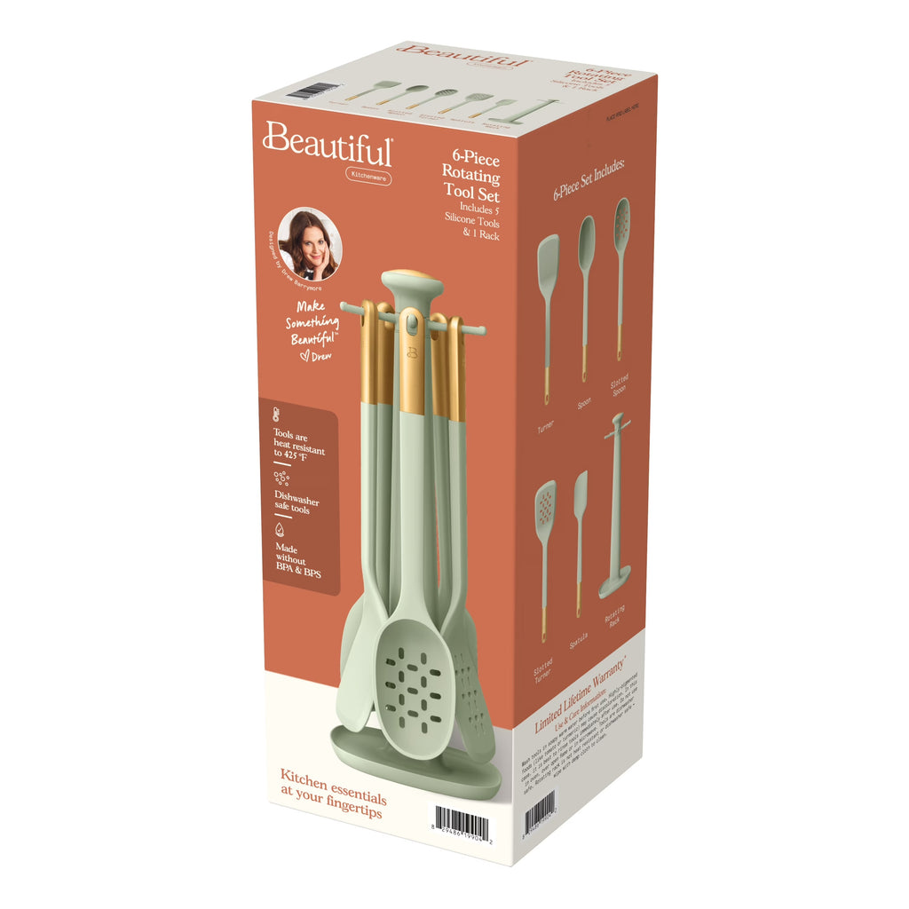 Beautiful 6-Piece Silicone Kitchen Utensil Set with Rotating Stand – Sage Green & Gold